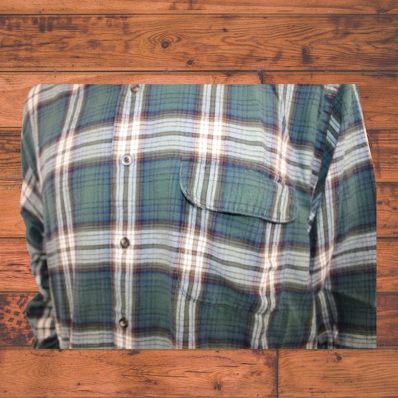 Eddie Bauer Dark Green/White Button Down Flannel Large - Picture 2 of 8